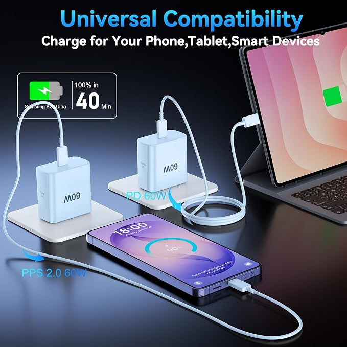 Super Fast Charger Type C 60W USB C Fast Charger Block with 10FT Extra Long Type-C Charging Cord-Super Fast Charging 3.0 for Samsung Galaxy S26 Ultra/S26/S26+/S25 /S24/S23 Ultra-Blue - Image 4