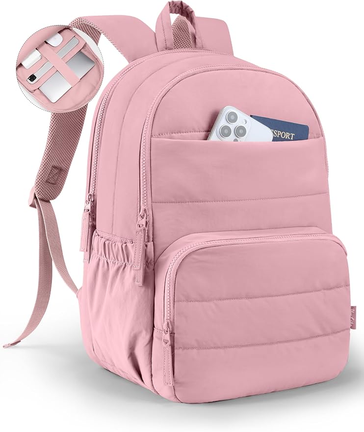 Uselike Travel Backpack for Women, 15.6 Inch Laptop Backpack, Quilted College Bookbag, Cute Work Backpacks, Water Resistant (Mauve Pink) by Uselike