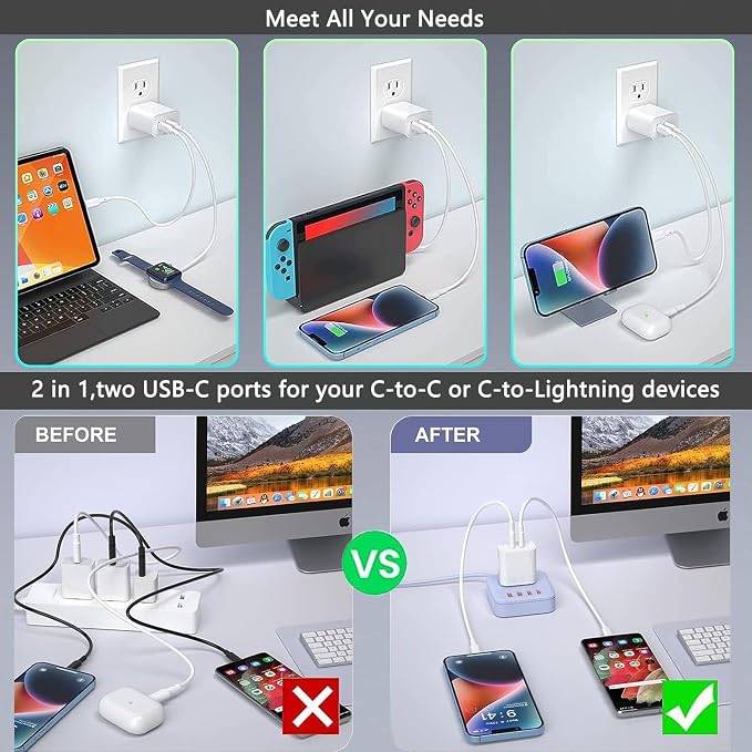 USB C Fast Charger Block,USB C Charging Block 3-Pack Type C 2in1 Dual Ports Plug Wall Charger,Fast Type C Charger for iPhone 17/17 Pro/17 Pro Max/Air/16E/16 Plus/16 Pro Max/15/14/13/12/11/Xs Max/XR/X - Image 4