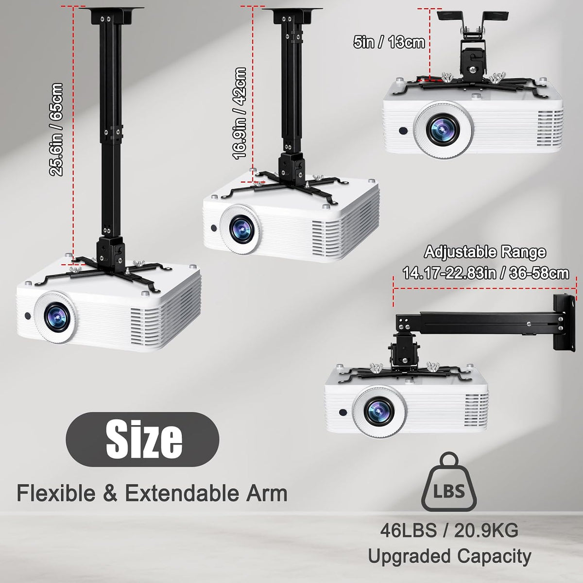 2-Be-Best Projector Ceiling Mount Wide Pipe Universal 3-in-1 Projector Wall Mount Bracket with Adjustable Arm, Flush Mount Option, Built-in Cable Management for Office Home Black - Image 2