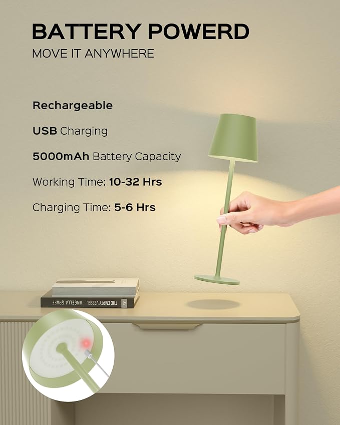 JACKYLED Cordless Table Lamps Rechargeable, 3 Adjustable Height, 5000 Capactiy Operated, 3 Colors Smooth Dimming, Portable LED W - Image 8