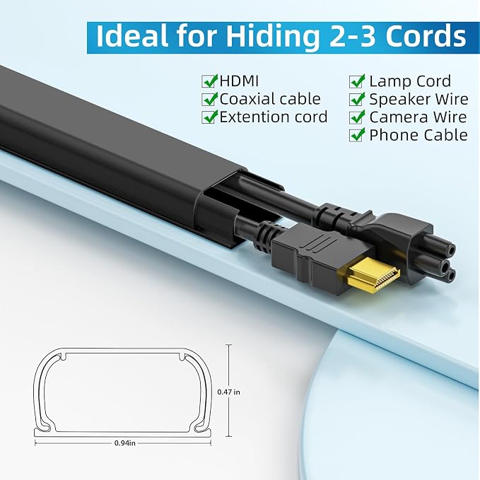 Yecaye 142in Wall Cord Hider for 2-3 Cords, W0.94in H0.47in, Black | Medium Cord Covers for Wires on wall, On-Wall Cord Cover Cable Concealer - Image 2