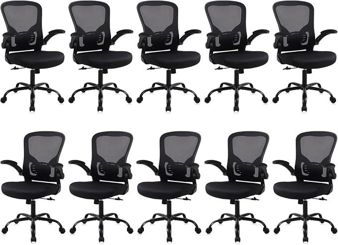 Flysky Mesh Office Chair, Ergonomic Computer Desk Chairs (Black, Set of 10) | Comfy/Comfortable Flip-up Arm Rests, Lumbar Support, Height Adjustable, 360 Degree Rolling Swivel for Home Office by showyourstyle
