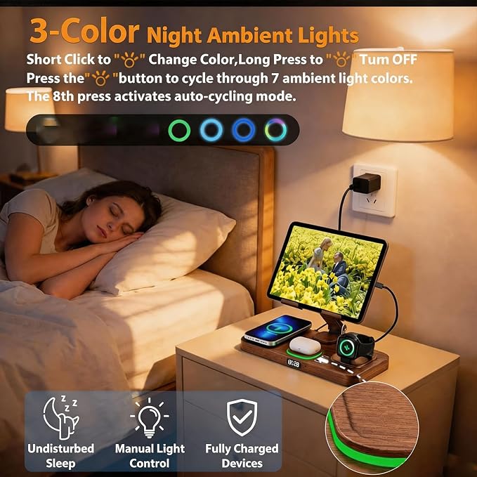 Wireless Charging Station for Apple Devices, Only for Apple Watch Charging | Included Type-C Cable for Tablet Charging, Foldable Wireless Charging Station, Cycling Ambient Lights, Time Clock Display - Image 3