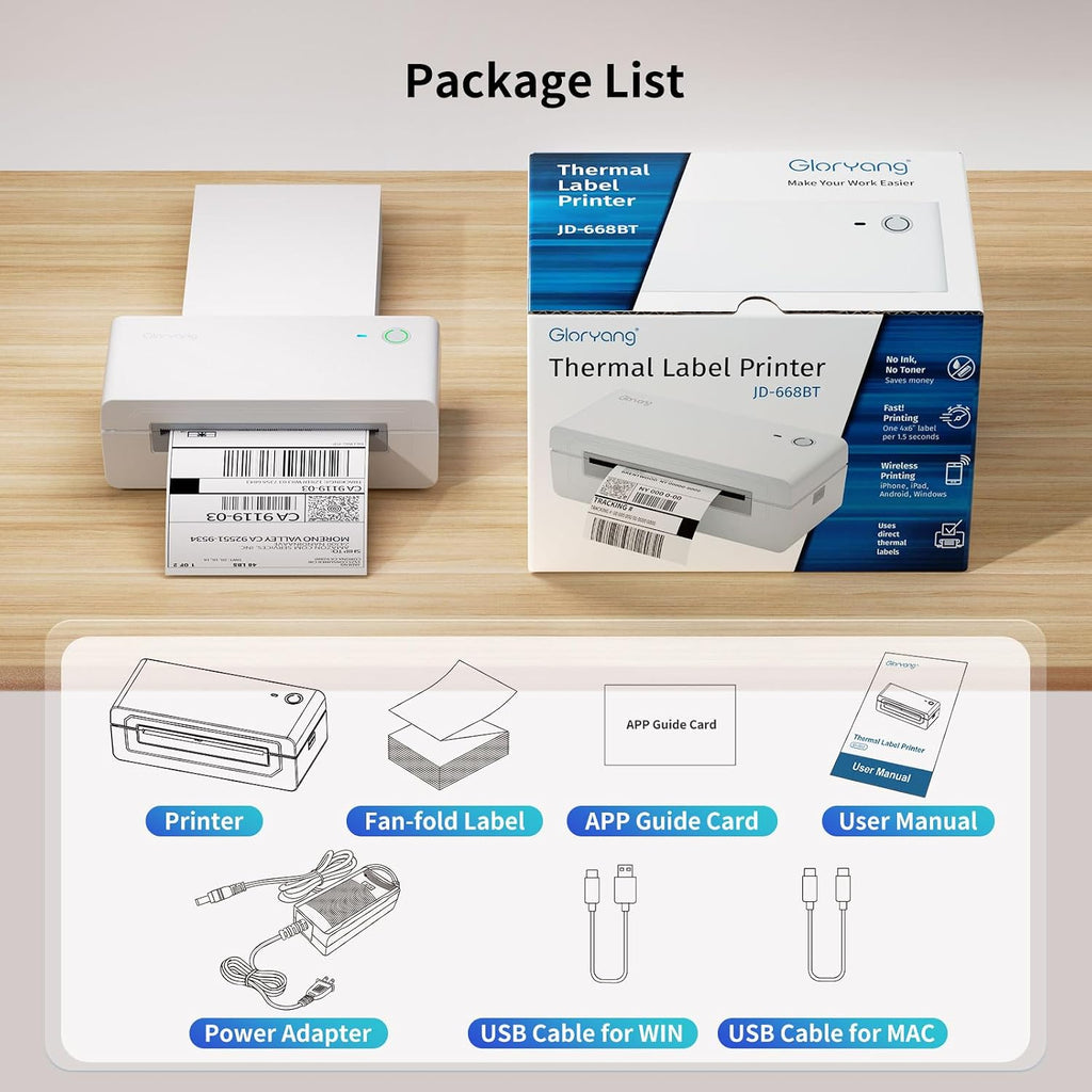 Gloryang Bluetooth Thermal Shipping Label Printer, 4X6 Inkless Label Machine for iOS, Android, Laptop, Wireless Printer for Small Business, Compatible with Amazon, UPS, Shopify, White - Image 7