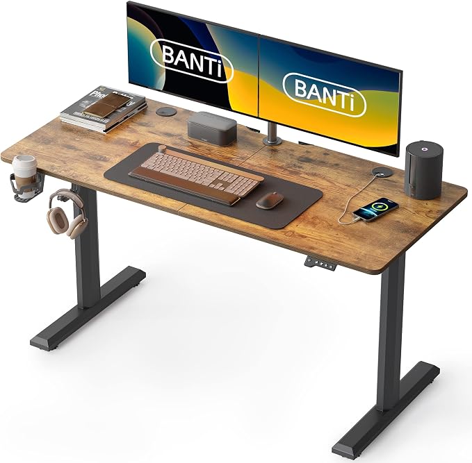 BANTI 55 x 24 Inches Standing Desk, Height Adjustable Electric Standing Desk, Stand up Table, Sit Stand Home Office Desk with Splice Board, Rustic Brown by Bantifurniture