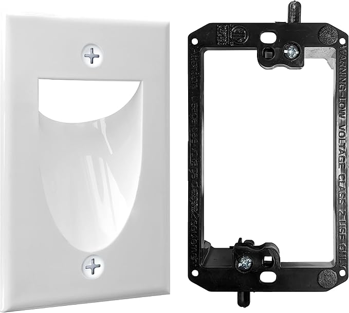 1 Pack Wall Plate Cable Pass Through with Bracket - In Wall Cable Management Kit - Recessed Cable Wall Plate Pair with Single Gang Low Voltage Mounting Bracket - Decorator Cover for Low Voltage Cables by BestMounts