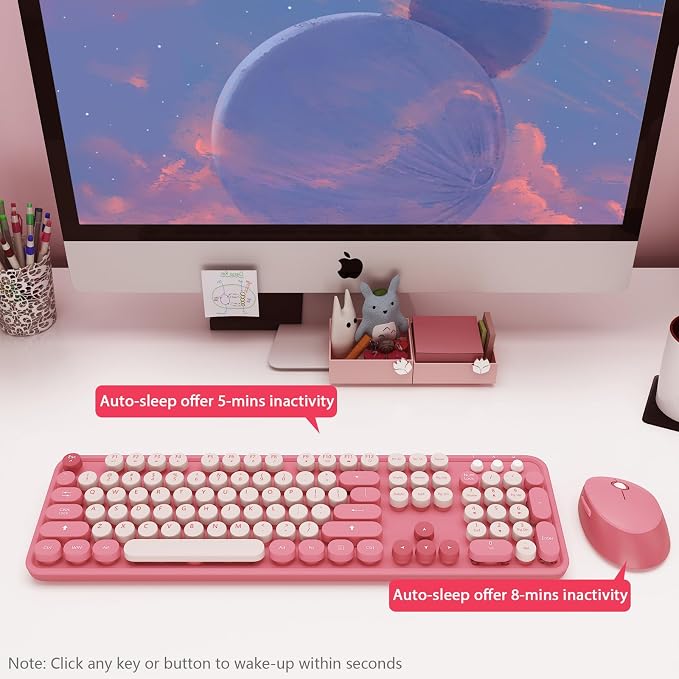 Colorful Wireless Keyboard and Mouse for PC Laptop | Cute Colorful Typewriter Retro Round Keyboard and mouse for PC Laptop - Image 3