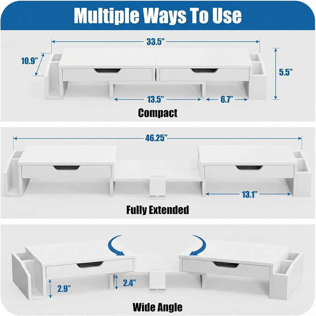 Simple Houseware Desk Dual Monitor Stand Riser with 2 Drawers, White - Image 2