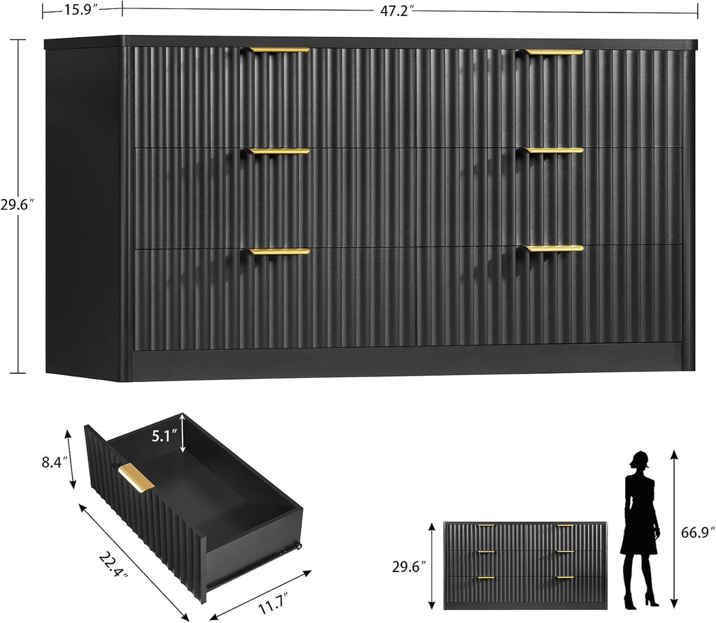 Fluted 6 Drawer Dresser for Bedroom, Wide Modern Chest of Drawers with Metal Handle, Curved Profile Design, Wood Closet Clothes Storage Organizer for Bedroom, Living Room, Hallway, Black - Image 2