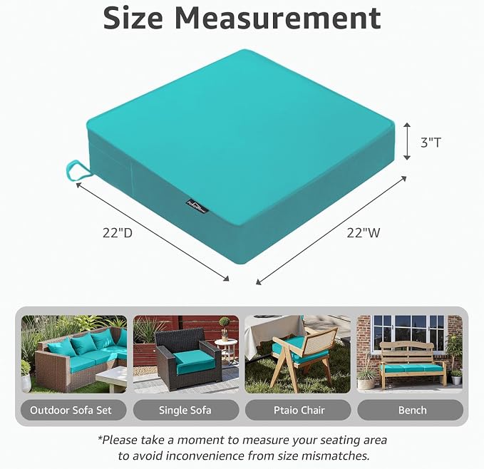 PatioGlow Outdoor Chair Cushions 22 x 22 x 3 Inch, Waterproof & Fade Resistant Patio Seat Cushion for Furniture with Handle and Ties, Thick Seating Pads for Outside Sofa Couch Set of 2, Teal - Image 2