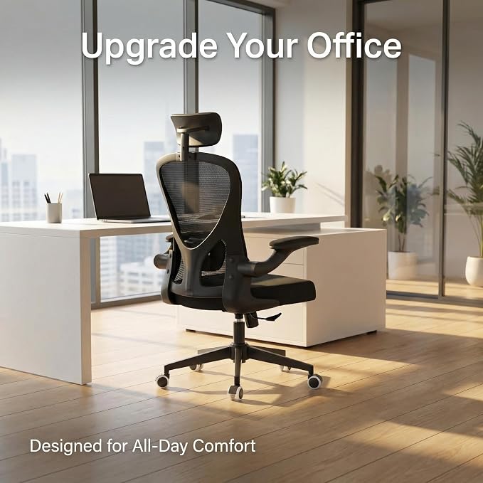 Monhey Ergonomic Chair, Adjustable Lumbar & Flip-up Arms, Black | Breathable Mesh,Height Adjustable, Rocking Swivel, High Back, Home Office Use - Image 6