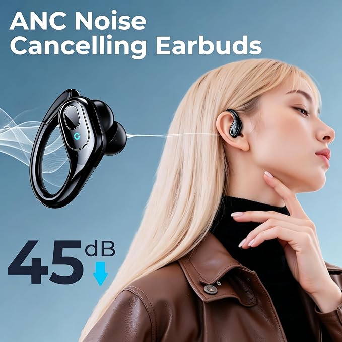 occiam Active Noise Cancelling Earbuds Wireless Bluetooth Headphones Ear Buds 90Hrs Playback Stereo Bass Earphones with Mic Over-Ear Hooks IPX7 Waterproof Headset for Work Sports (Glossy Black) | Ear Buds 90Hrs Playback Stereo Bass Earphones with Mic O... - Image 2