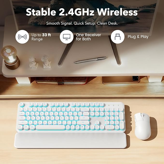 Wireless Keyboard and Mouse Combo, Backlit Round Keycaps, Retro Typewriter Keyboard with Detachable Wrist Rest, Rechargeable & Tilt Legs, 2.4GHz Cordless Connection for Windows/PC (Glowing White) - Image 7