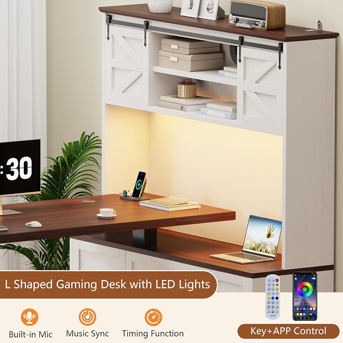 71" LED L Shaped Standing Desk with Hutch and Drawers White | Farmhouse Adjustable Corner Desk, Sit Stand Office Deskwith 4 AC Outlets & Type C, Executive Computer Desk with Cabinet - Image 5