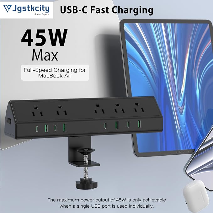 Jgstkcity Desk Clamp Power Strip USB C 45W,8 USB,15FT Cable,Black | 4 USB-C,Edge Mount,1875W Extension Cord,15A Switch,ETL Listed,Office,Gaming,Dorm - Image 4
