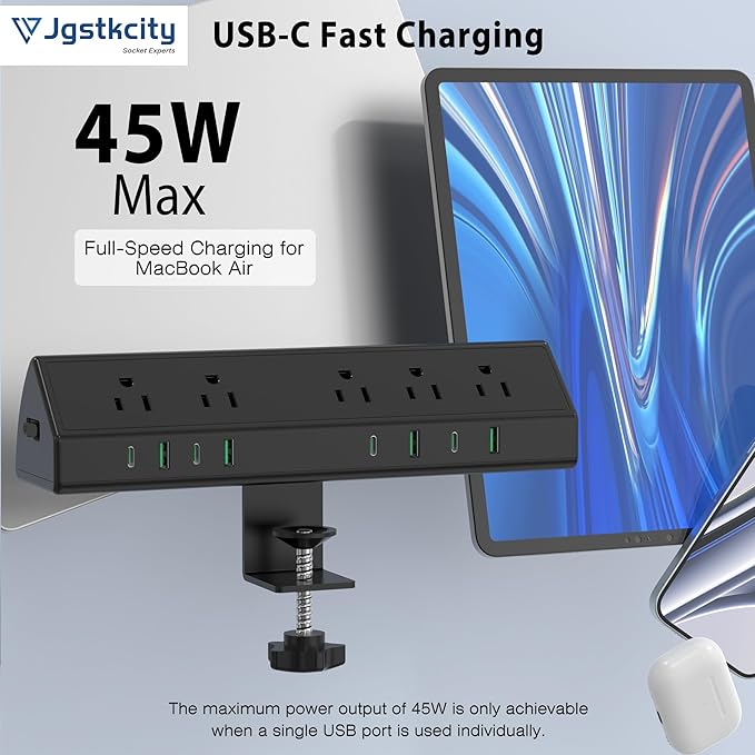 Jgstkcity Desk Clamp Power Strip,45W Fast Charging Station,4 USB-C,4 USB-A,Desk Mount Surge Protector,1875W Extension Cord with Multiple Outlets,ETL Listed,for Home Office Dorm Room | 4 USB-C,Edge Mount,1875W Extension Cord,15A Switch,ETL Listed,Office... - Image 3