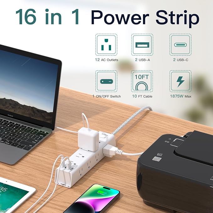 Surge Protector Power Strip - 10 FT Extension Cord with 12 AC Outlets 4 USB | Flat Plug Power Strip Wall Mount Overload Protection, 1050J, Desk Charging Station for Home Dorm Room Office, ETL Listed - Image 2