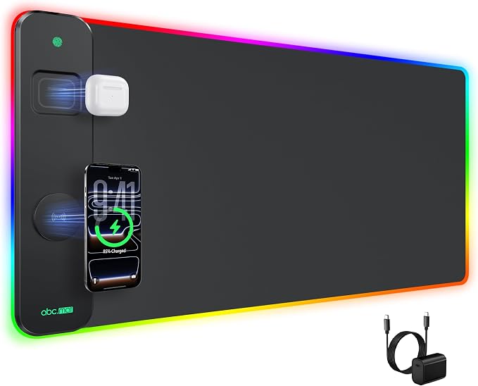 Magnetic Wireless Charging Mouse Pad Gaming, 31.5"x15.8" Large Desk Mat | RGB Mousepad, Smooth Glide, Stitched Edge, Non-Slip Rubber Base, Desk Pad Computer Keyboard Mat, with Adapter by abcmat