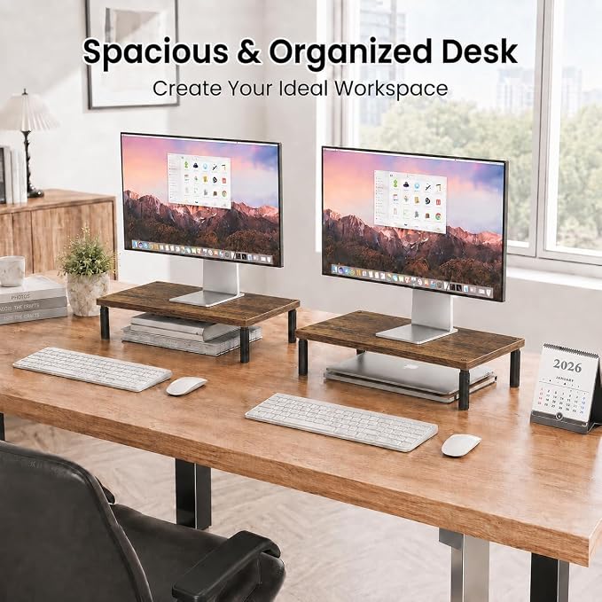 Adjustable Monitor Stand Riser for Desk, Wood Computer & Laptop Stand, Desk Organizers and Accessories, Office Desk Accessories & Workspace Organizer for Home Office Supplies, Brown - Image 3