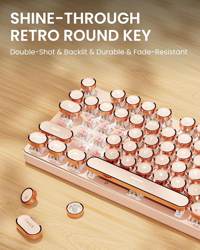 EWEADN Wired Typewriter Mechanical Keyboard, Low Noise Pink Switch Retro Punk Keyboard with Media Knob, White Backlit, Metal Panel, 104-Key Round Keycaps Cute Keyboard for Windows PC- Rose Gold - Image 7