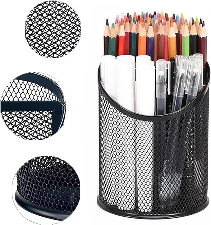 MINDEPOT 2 Pack Pencil Holder Pen Cup for Desk Round Pen Organizer | Mesh Black Pen Holder, Duty Metal, 3 Compartments, Desk Organizer for Home School - Image 2