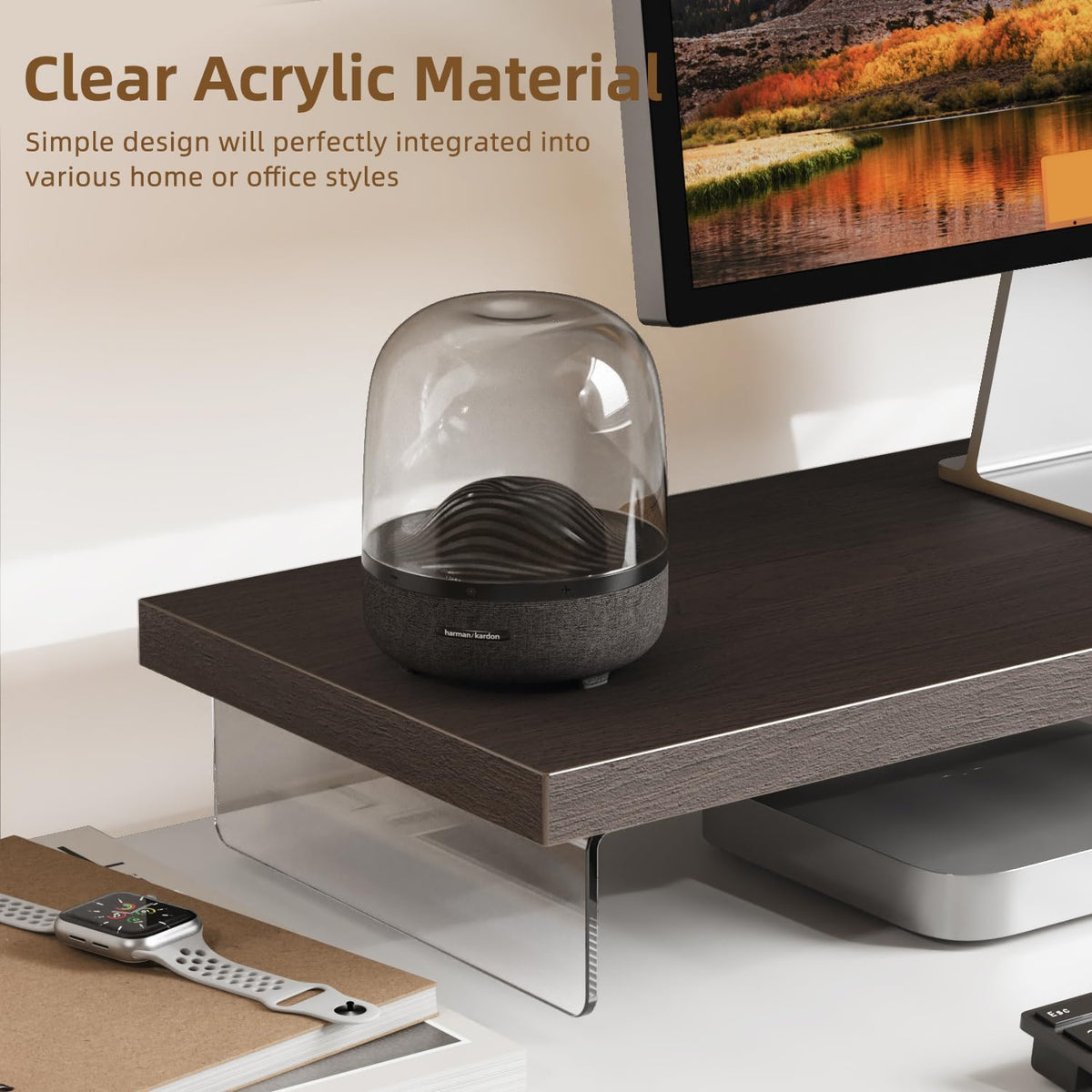 Monitor Stand Riser, 25x10 in Wood & Acrylic Computer Desk Organizer Shelf - Image 4
