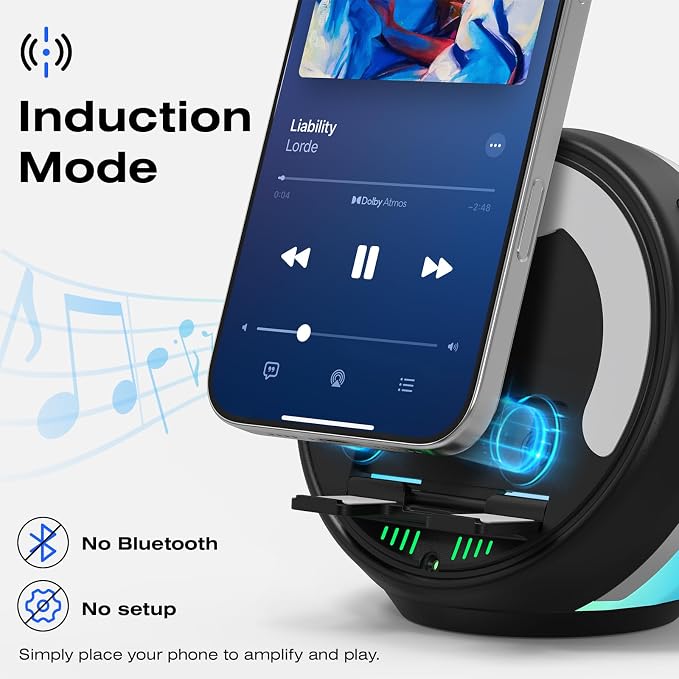 Wireless Induction Speaker with Phone Stand, RGB Bluetooth Desk Speaker | No Bluetooth Pairing, Instant Sound Boost, Great for calls, podcasts, and videos, Unique Gift for Men, Dad, Mom, Office - Image 3