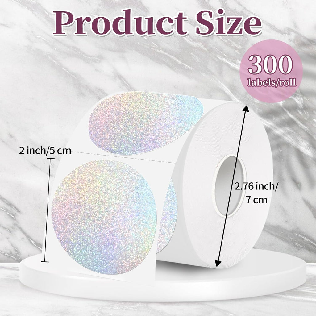 2 Inch Holographic Thermal Labels,Sliver Round Thermal Printer Labels,Printable Round Thermal Printer Labels Self-Adhesive Direct Thermal Label(300 Labels/Roll Sliver) - Image 2