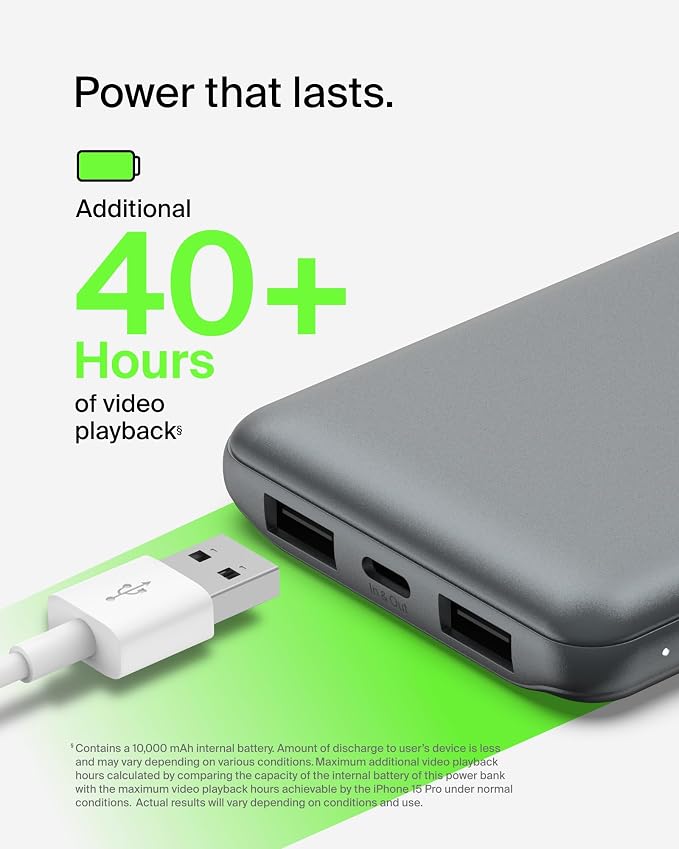Belkin 10000mAh 15W 3 Port Power Bank, USB A to USB C Cable Included | Fast Charging, iPhone 17, Samsung Galaxy, Pixel, Airpods, iPad, Nintendo Switch 2, Battery Pack, USB C Port, USB A Port - Image 5