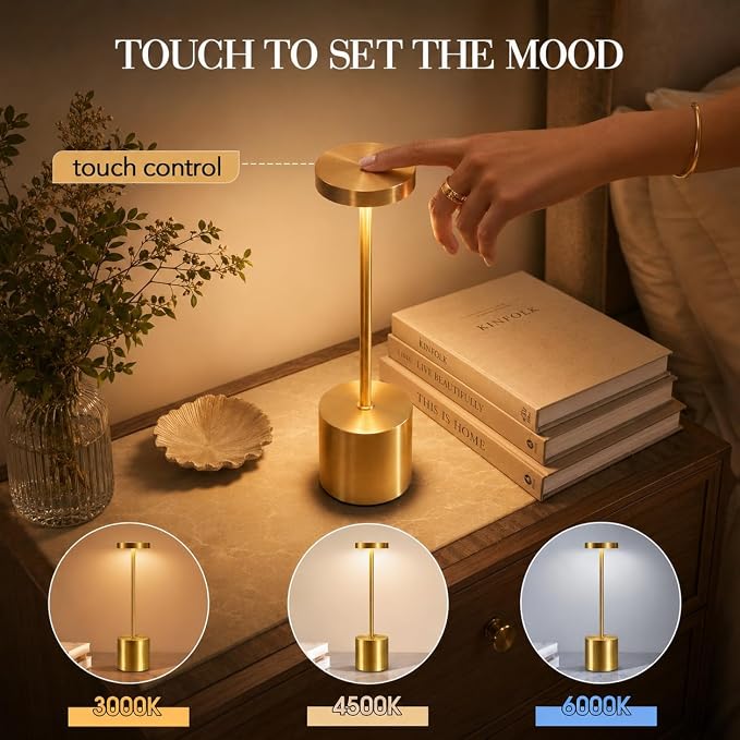 AUDLES Gold Cordless Table Lamps Set of 2, Brass Rechargeable Lamp, Battery Operated Lamps for Wedding Centerpiece & Holiday Tablescape, Touch Dimmable Glam Bedroom Nightstand Lamp, IP54 Waterproof - Image 3