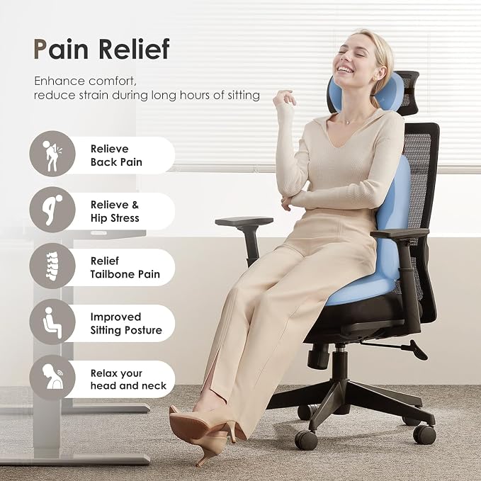 3 PCS Seat Cushion for Carseat Lumbar Support Pillow Car Neck Headrest Pillows Ultrathick Memory Foam Seat Pads Pressure Relief Back Cushion for Office Chair(Blue) - Image 2