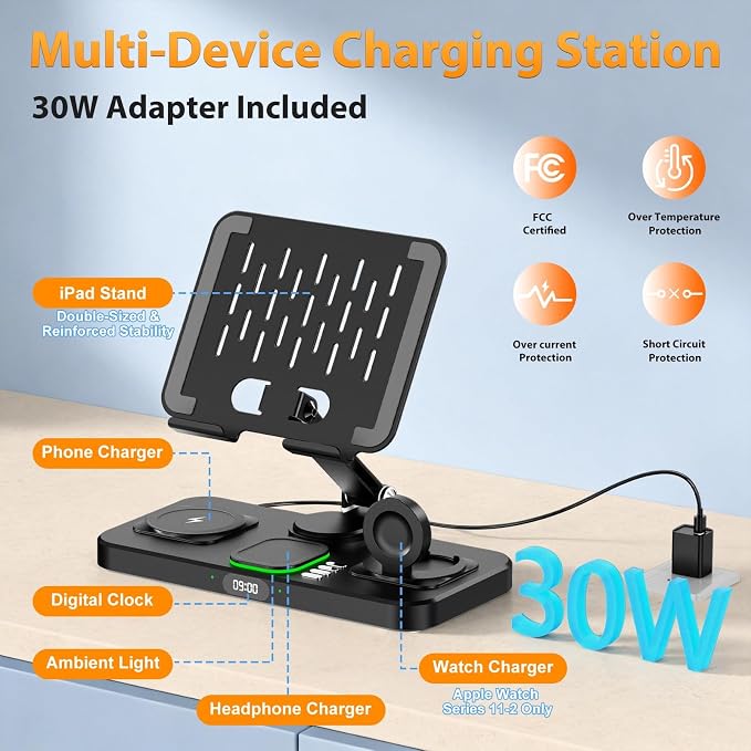 Wireless Charging Station for Apple Devices, Only for Apple Watch Charging | Included Type-C Cable for Tablet Charging, Foldable Wireless Charging Station, 7 Cycling Ambient Lights, Time Clock Display - Image 3