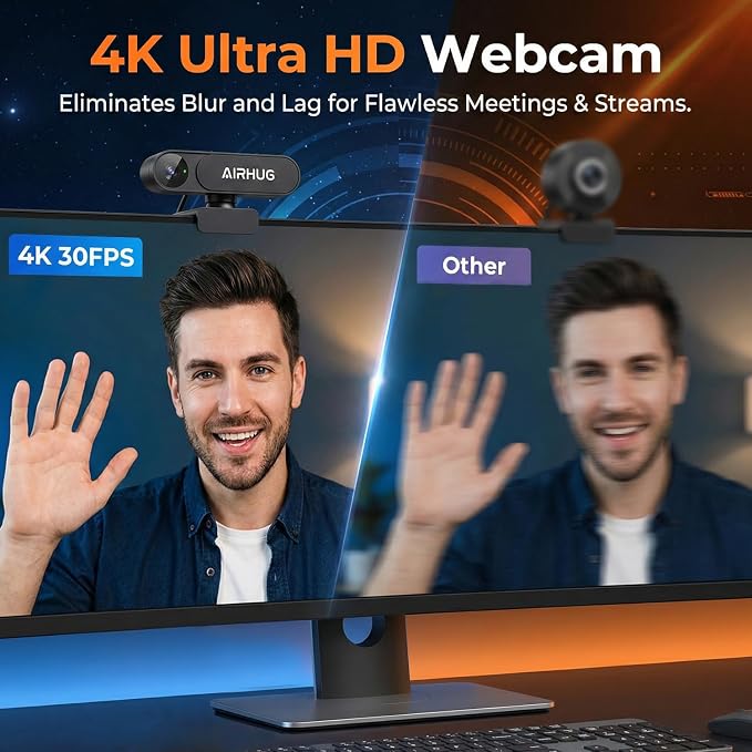 AIRHUG 4K UHD USB Webcam No Mic with Privacy Cover, USB Camera | 16MP Sony Sensor, PDAF Fast Focus, 63° Gold FOV, Auto Light Correction, Privacy Cover for Secure Meetings - Image 3