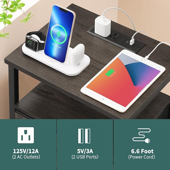 Yoobure Night Stand with Charging Station, 3 Fabric Drawers Nightstand, Bedside Tables with Storage Shelf, End Table with 16 Colors LED, Small Dresser for Small Space, Gray | 16 Colors Bedside Table with 3 Fabric Drawers & Storage Shelf, End Table with... - Image 6