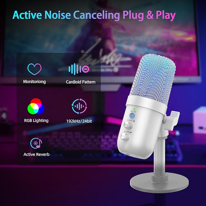 USB Microphone, Computer Condenser Mic with Noise Cancellation, Echo Mode, RGB Lighting, Mute Button, Plug & Play Gaming Mic for PC, Mac, PS5, Streaming, Recording, Podcasting & Online Meetings White - Image 2