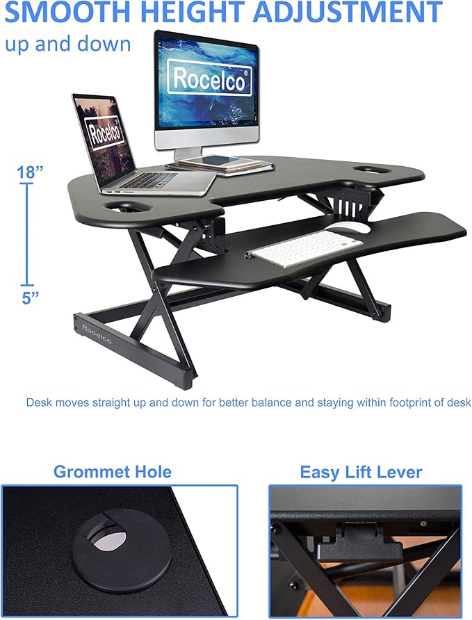 Rocelco 46" Height Adjustable Corner Standing Desk Converter with Dual Monitor Arm Bundle - Quick Sit Stand Up Computer Workstation Riser - Extra Large Keyboard Tray - Black (R CADRB-46-DM2) - Image 4