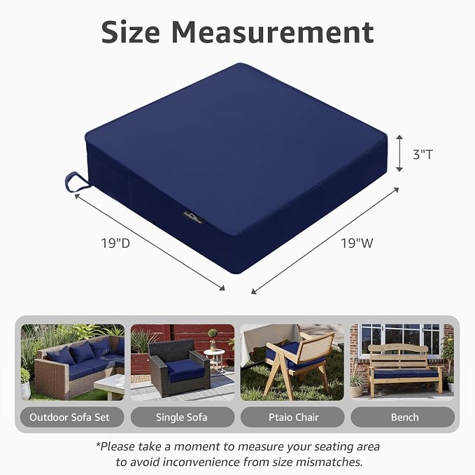 PatioGlow Outdoor Chair Cushions 19 x 19 x 3 Inch, Waterproof & Fade Resistant Patio Seat Cushion for Furniture with Handle and Ties, Thick Seating Pads for Outside Sofa Couch Set of 2, Dark Blue - Image 3