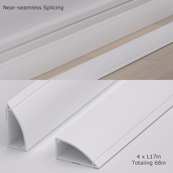 ZhiYo 68in Corner Cable Hider, Floor Cord Cover for 3-5 Cords, White | Self-adhesives Wire Hider for Baseboard/Wall, 4 Pack (17" Each), Quarter Round Cable Management Raceway, 0.8in H x 1.8in W - Image 7