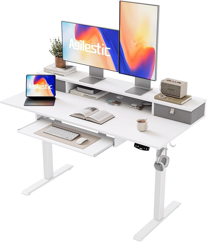 Agilestic 48 Inch Standing Desk with Drawers & Keyboard Tray, White | Electric Height Adjustable, 2 Storage Drawer, Monitor Stand, Sturdy Steel Frame, Memory Presets, Hooks, 154 lbs, Splice Board by Agilestic