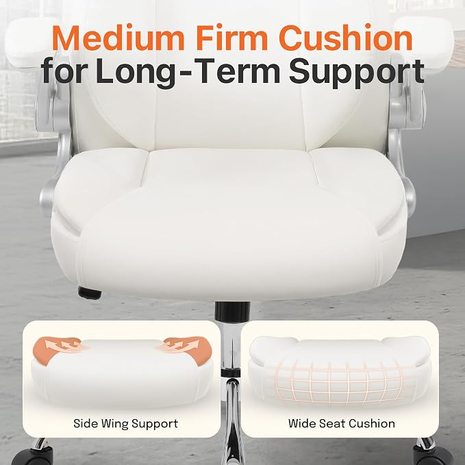 NEO CHAIR Office Desk Chair, High Back PU Leather with Flip-up Arms, White | Ergonomic Tall Computer Desk Chair Comfy, Height Adjustable, Swivel Rolling Wheels for Office Home Gaming Study - Image 5