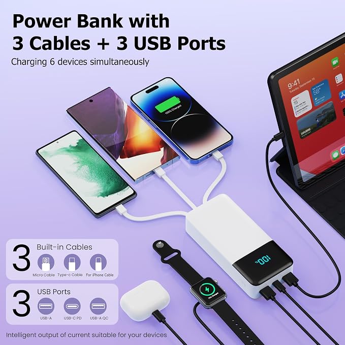 Portable Charger Power Bank 50800mAh,25W USB C Fast Charging Battery Pack with 3 Built in Cables & LED Display,6 Output 2 Input Travel Essentials Phone Charger for iPhone 17/16/15,Android etc (White) - Image 4