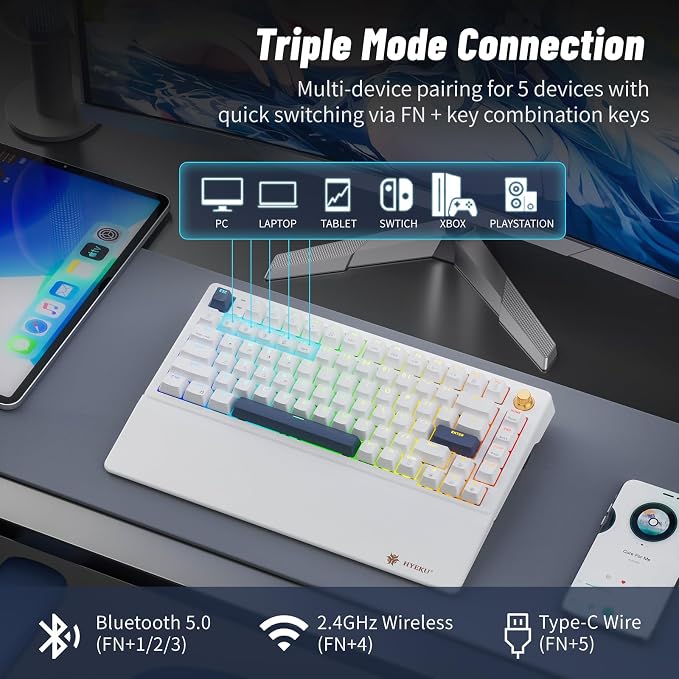 Hexgears 75% Wireless Mechanical Keyboard with Knob, Hot Swappable Creamy Keyboard with Wrist Rest, Pre-lubed Linear Switches, 2.4GHz/Type-C/BT5.0, RGB Backlit Gaming Keyboards for Win/Mac (White) - Image 3