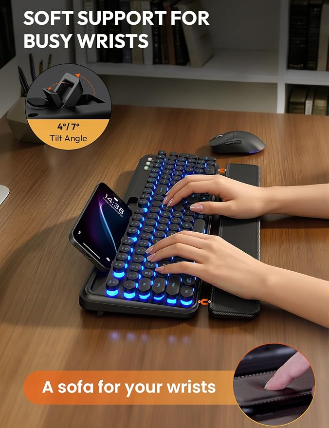 Wireless Keyboard and Mouse, Backlit Typewriter with Magnetic Wrist Rest | Phone Holder, Light Up Round Keycaps, Lighting Mouse, 2.4GHz Cordless Set for Mac, Windows, PC, Laptop, SABLUTE - Image 3