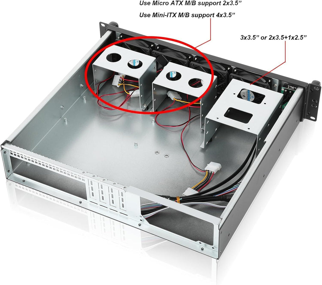 RackChoice Server case MicroATX/Mini-ITX 2U Rackmount Server Chassis max 7x3.5 Bay / USB3.0 with 2.0 Adapter Support ATX PSU Either top or Side Cooling Depth 15.7" - Image 5