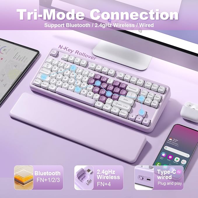 YUNZII B87 TKL Wireless Mechanical Keyboard (Purple Heart, MilkV2) | QMK/VIA, Wrist Rest, CreamyTyping, Cute MOA Keycaps, Gasket Mount, Hot Swap, RGB Backlit, NKRO, BT/2.4G/USB-C, for Win/Mac - Image 3