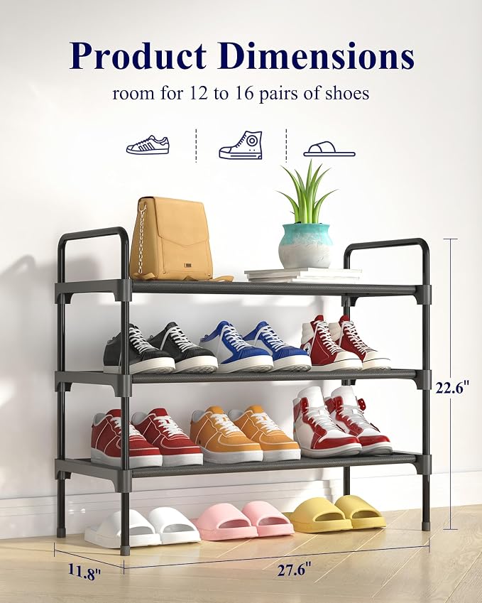 Kitsure Shoe Rack for Closet, Shoe Storage, 27.6" Wide - 3 Tiers, Black | Shoe Organizer for Closet, Entryway, Living Room, Space-Saving Shoe Shelf, Sturdy Zapateras Organizer - Image 3
