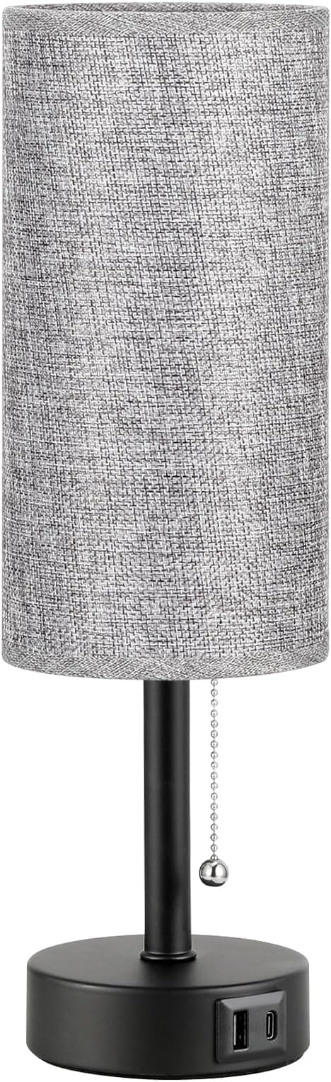 Grey Bedside Lamp for Bedroom Nightstand - Small Table Lamp with USB Ports | USB A+C Ports, 3 Color Temperatures, LED Bulb Included, Grey Fabric Shade, Black Base, 14" Tall Pull Chain Desk Lamp - Image 8