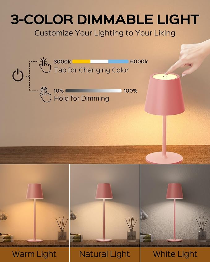 JACKYLED Cordless Table Lamps Rechargeable, 3 Adjustable Height, 5000Capactiy Opwer Operated, 3 Colors Smooth Dimming, Portable LED Waterproof Table Lamp for Dining, Bedroom, Outdoor ((2 Pack Pink) - Image 3