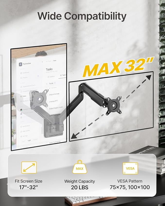 monTEK Dual Monitor Wall Mount, Wobble-Free Spring, 17–32" Full Motion | Dual Wall Mount Frees Full Desktop Space, Zero Clearance Retracts To 3.8", Wobble-Free Spring, Supports 20 Lbs Per Arm - Image 3